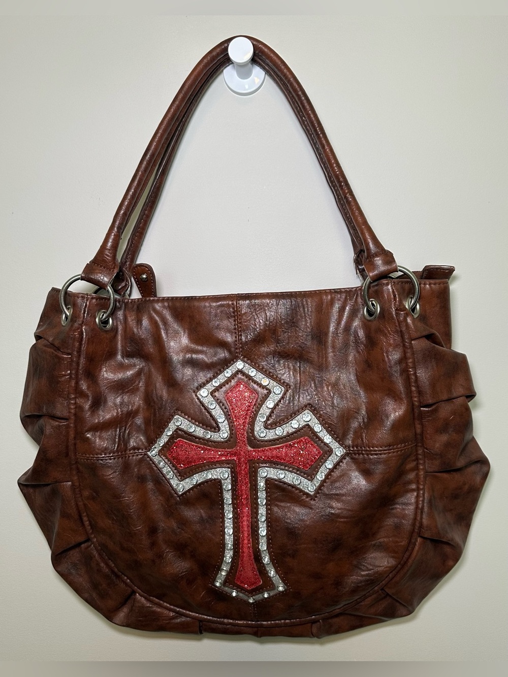 Brown Y2K Bling Distressed Faux Leather Rhinestone Glitter Cross Baddie 90’s